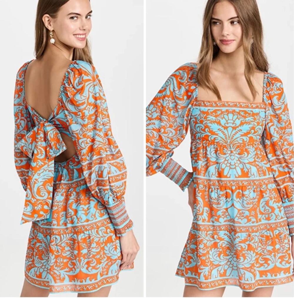 Alice + Olivia Tiered Square Neck Rowen Babydoll Dress Tie Back Women's Small